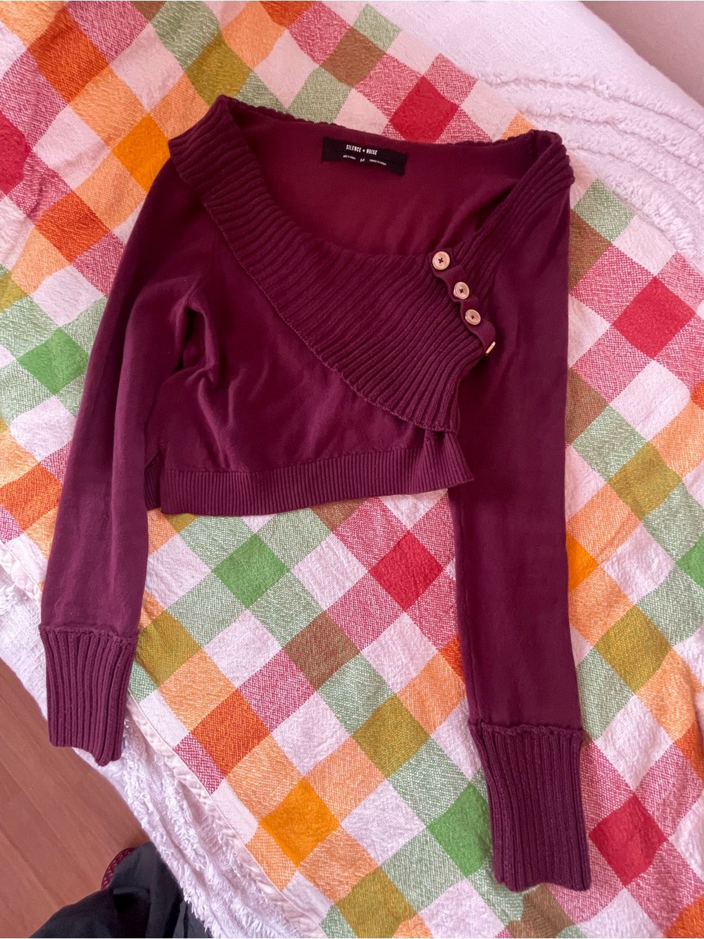 silence + noise Wine Off-the-Shoulder Cropped Sweater with Button Detail